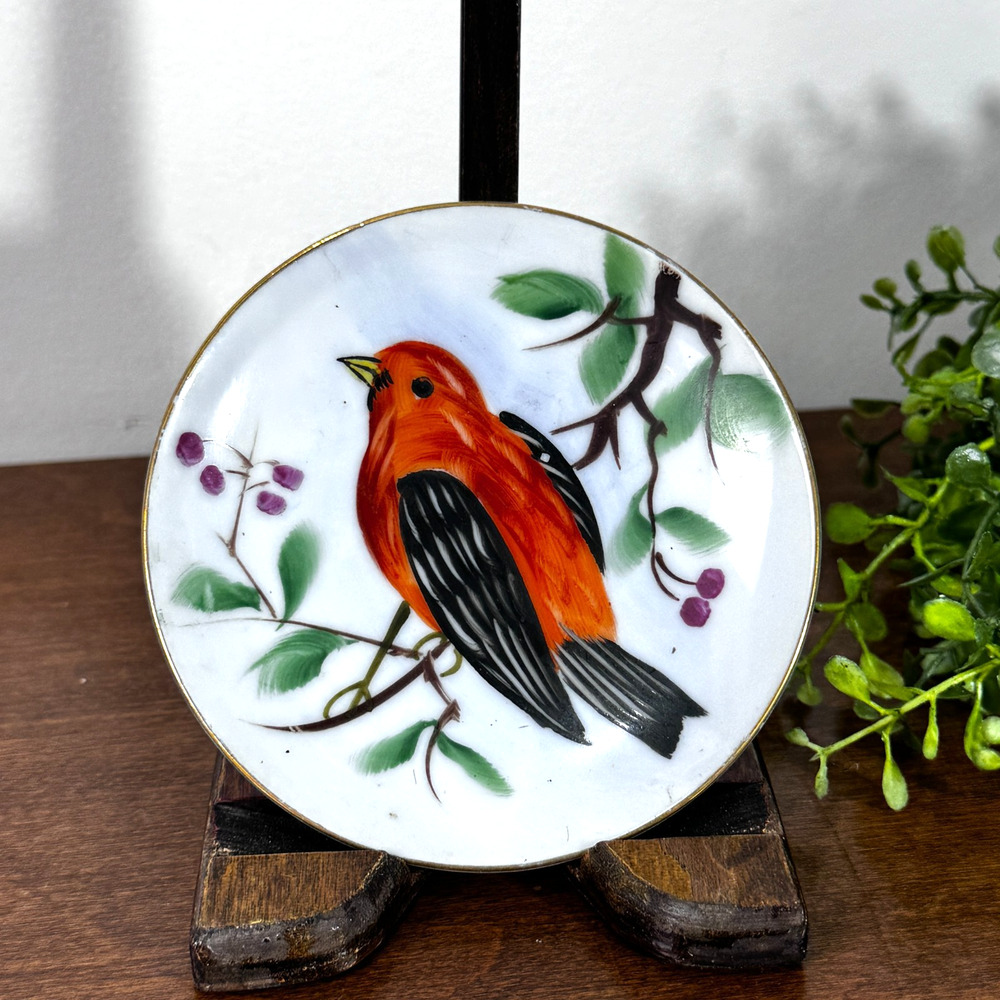 Vintage Hand-Painted Bird Plate Baltimore Oriole Design Orange & Black Songbird